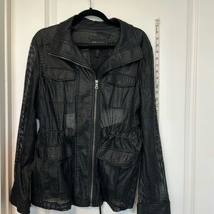 BCBG Maxazria black hole punched jacket. Not necessarily warm, just cool looking